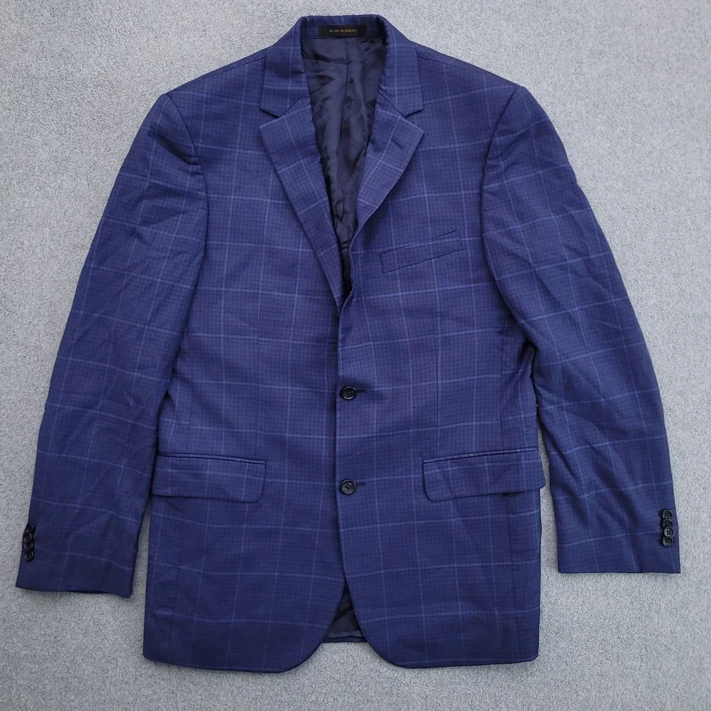 Jos A Bank Blazer Mens 40L Blue Windowpane Lanificio 120s Wool Cerruti Jacket